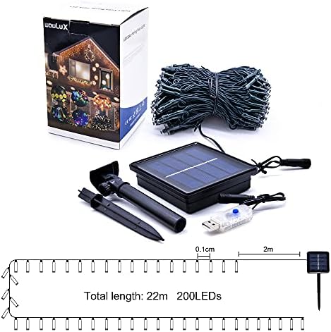 מיתרים סולאריים אורות 72ft 200 LED סולארי/USB מופעל על ידי פיות אטומות מיתרים עם 8 מצבים ומרוחקים למסיבת גן חיצונית עיצוב